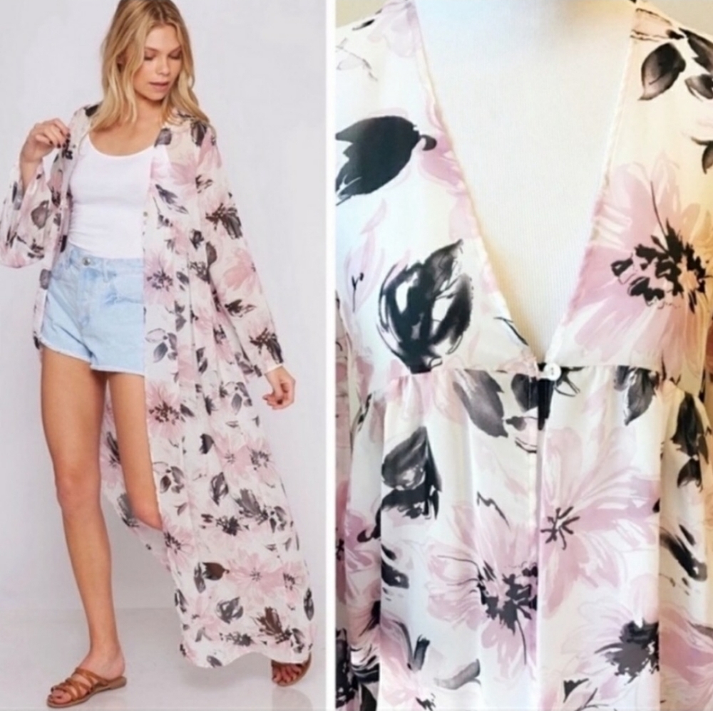 Ivory & Pink Floral Kimono